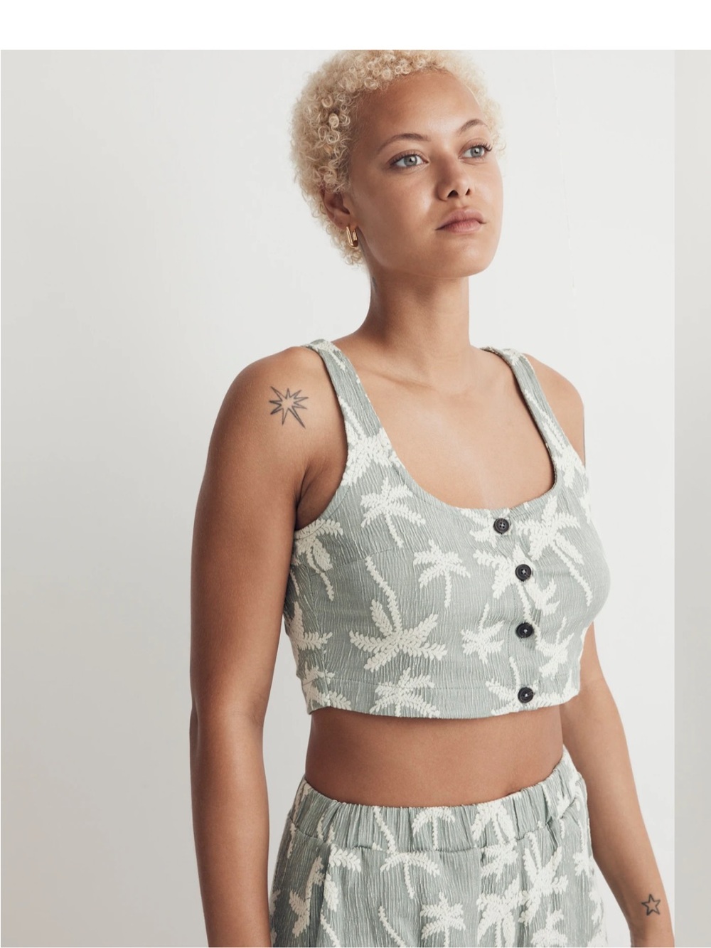 Madewell Jacquard Square-Neck Button-Front Crop Tank - Large L
